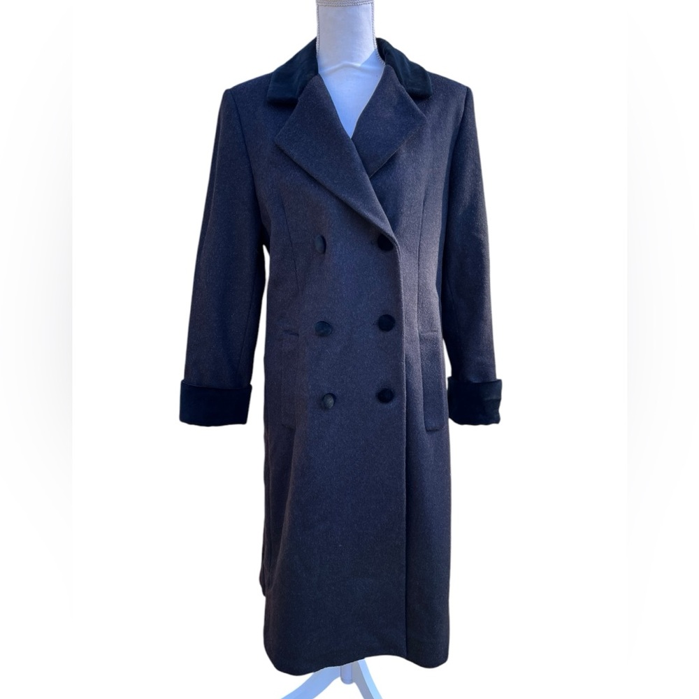 Liz Claiborne 100% Wool Long Coat Petite 12P Velvet Trim Double Breasted - Picture 3 of 17